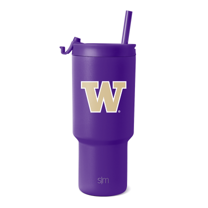 Purple tumbler with gold accent branding on logo and base