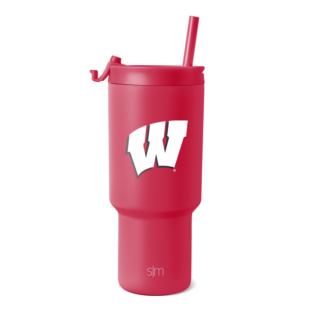 Hot pink tumbler with matching lid and straw, white accents, featuring a sleek cylindrical design ideal for beverages and hydration on-the-go.