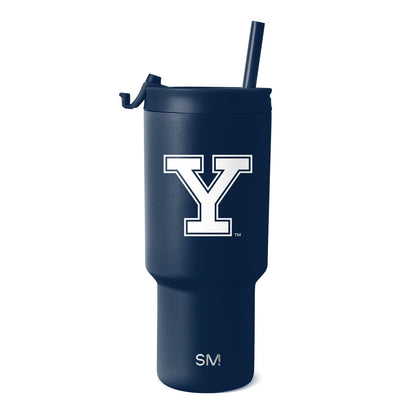 Deep navy blue tumbler with white Yale logo and branding, featuring a sophisticated color-blocked design with strong contrast