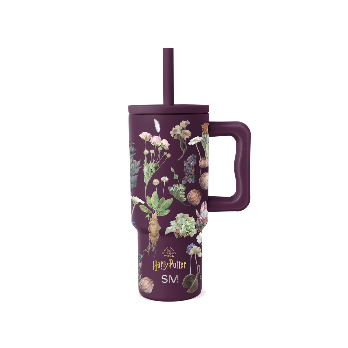 Deep burgundy tumbler with soft botanical illustrations in natural colors