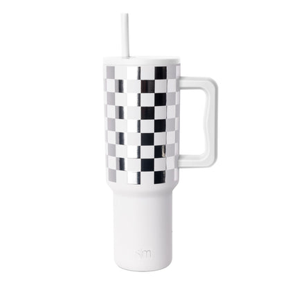 Black and white checkered tumbler with white base and handle