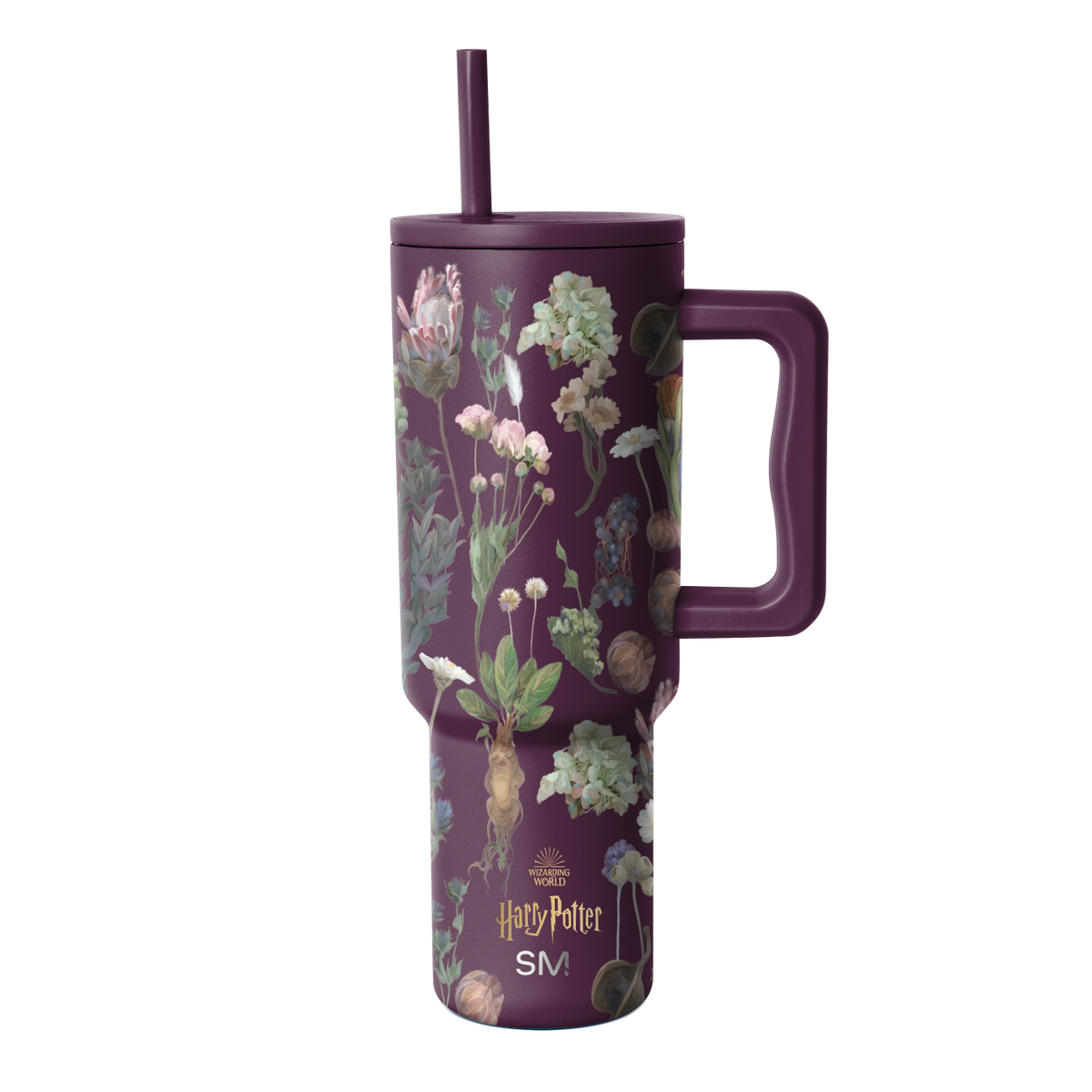Purple tumbler with botanical illustration pattern featuring cream, pale pink, soft green, and muted gold accents