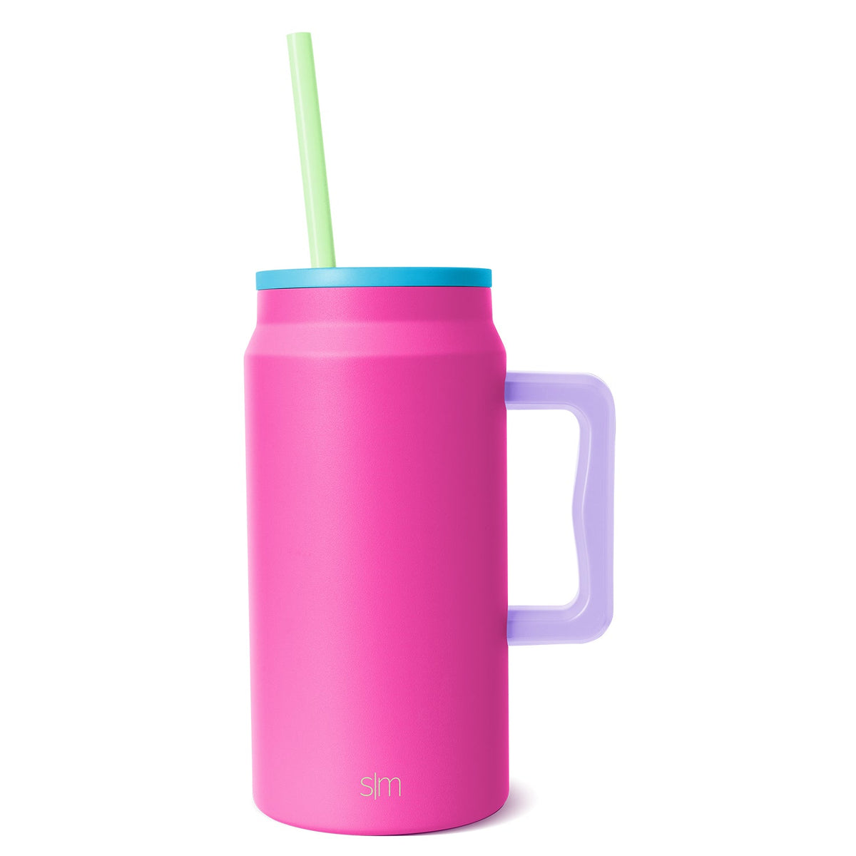 Insulated drinkware with hot pink body, cyan blue lid, and lavender handle