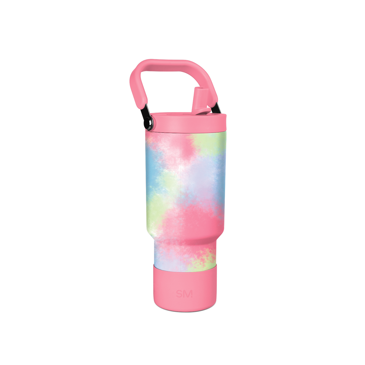 Tie-dye water bottle with vibrant pink, blue, soft green, and pale yellow watercolor gradient pattern on central band, solid colored top and bottom sections.