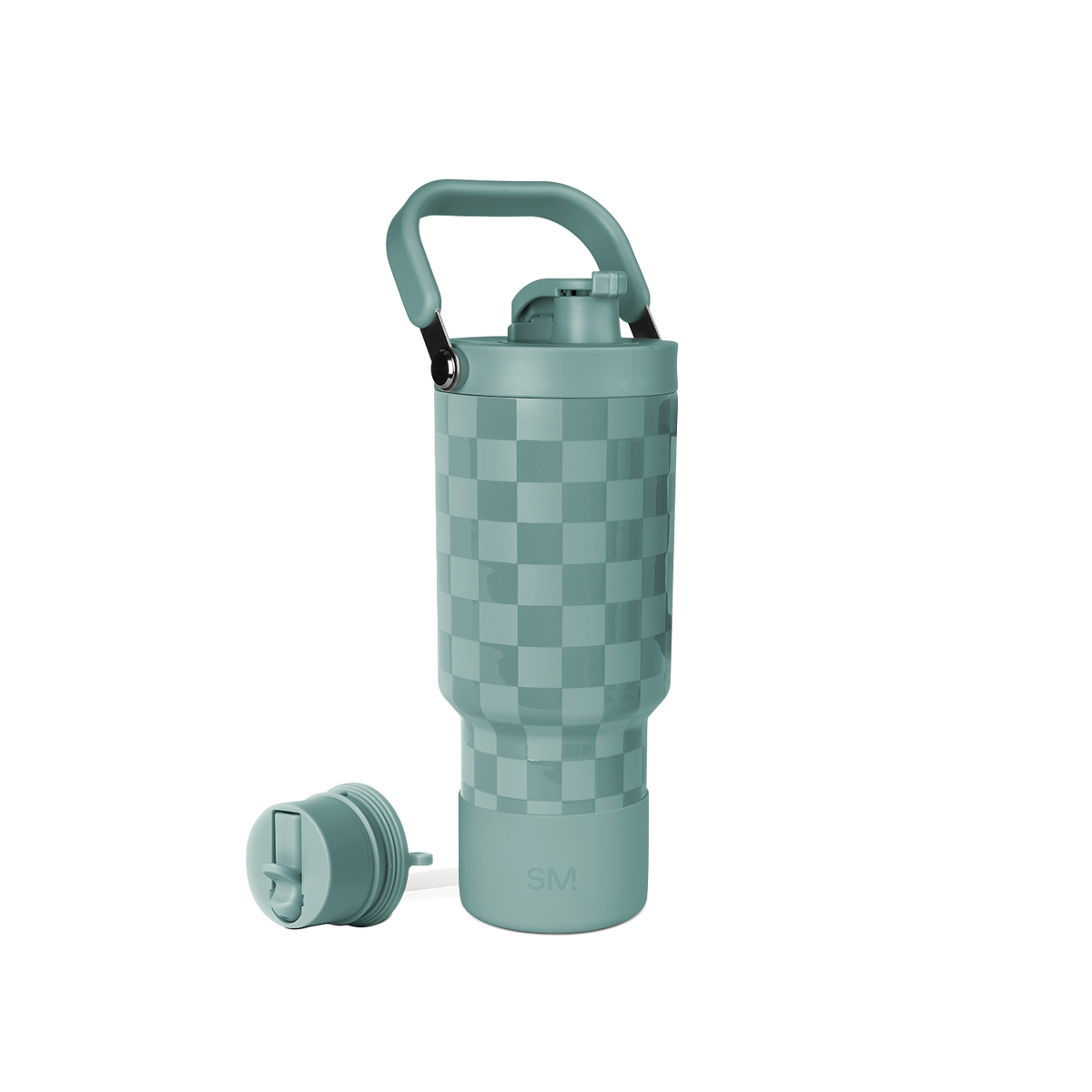 Sage green water bottle with matching lid and detachable handle, featuring a soft muted teal tone throughout the design.