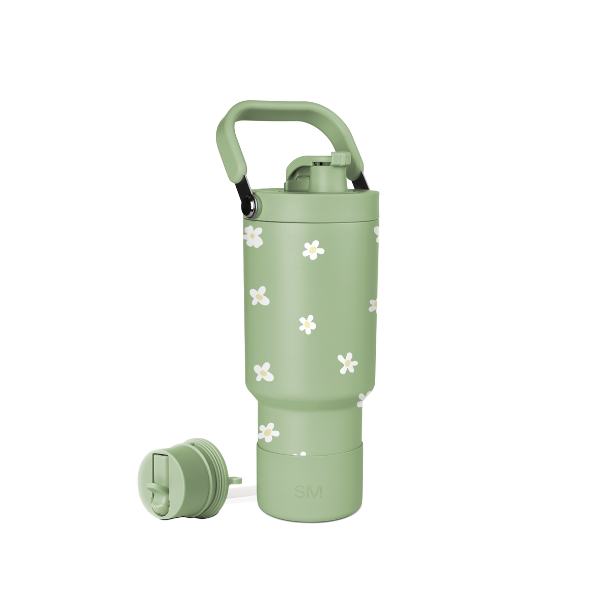 Sage green Simple Modern water bottle with white four-petaled flower pattern on white background