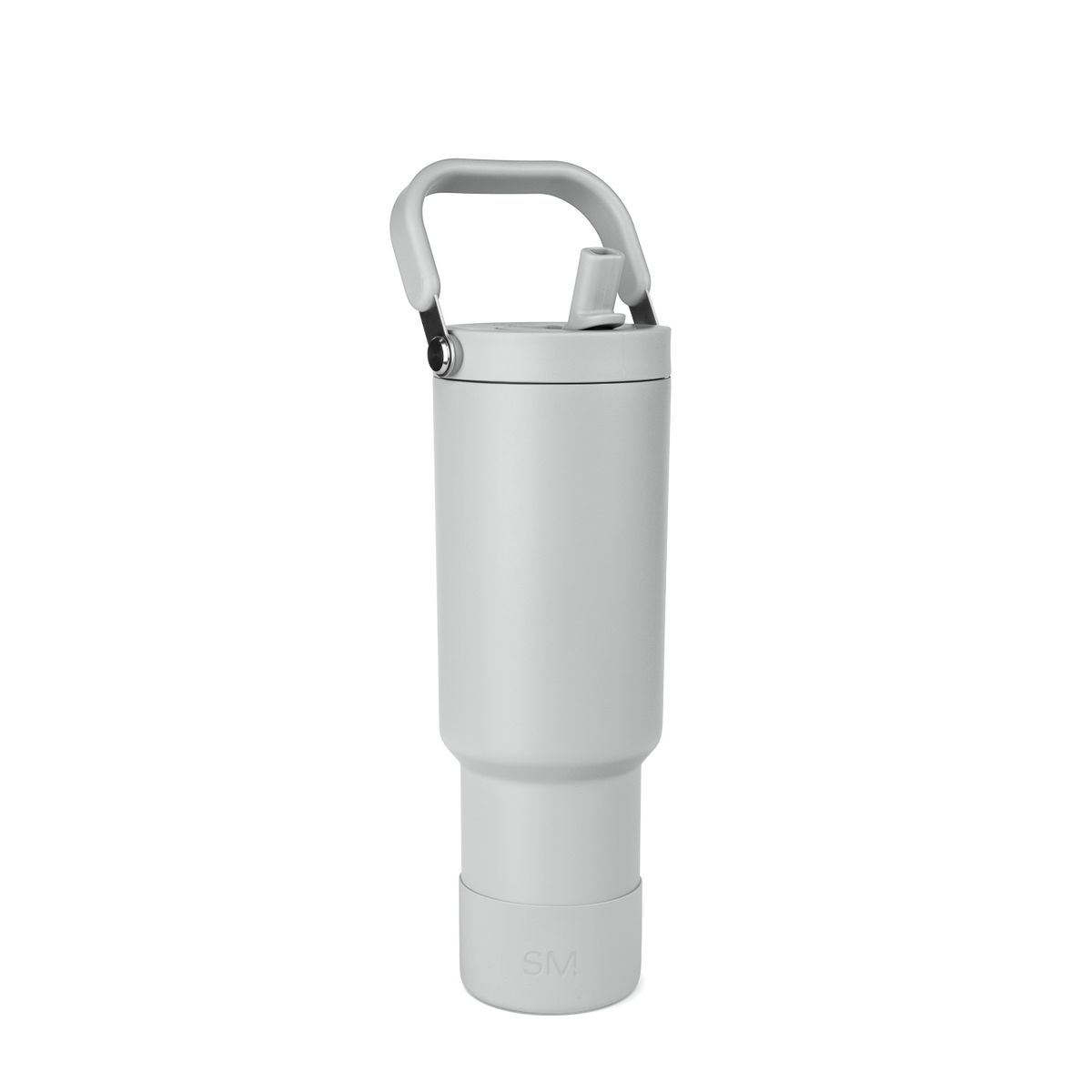 White thermal bottle with gray handle and black metallic hardware at top connection point