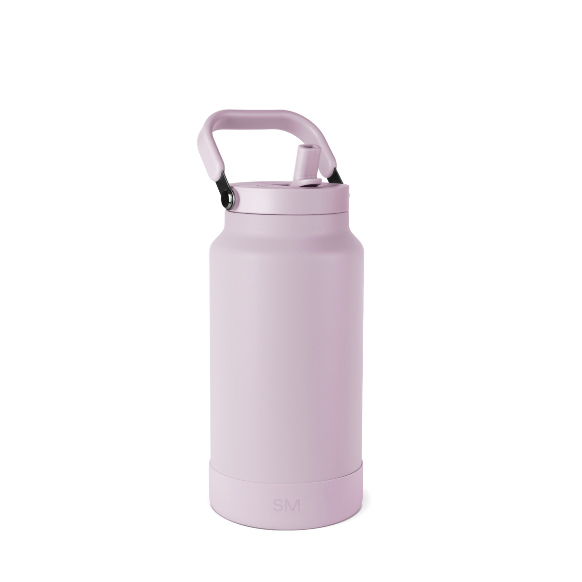 Mauve-pink cylindrical bottle with handle and black lid on white background
