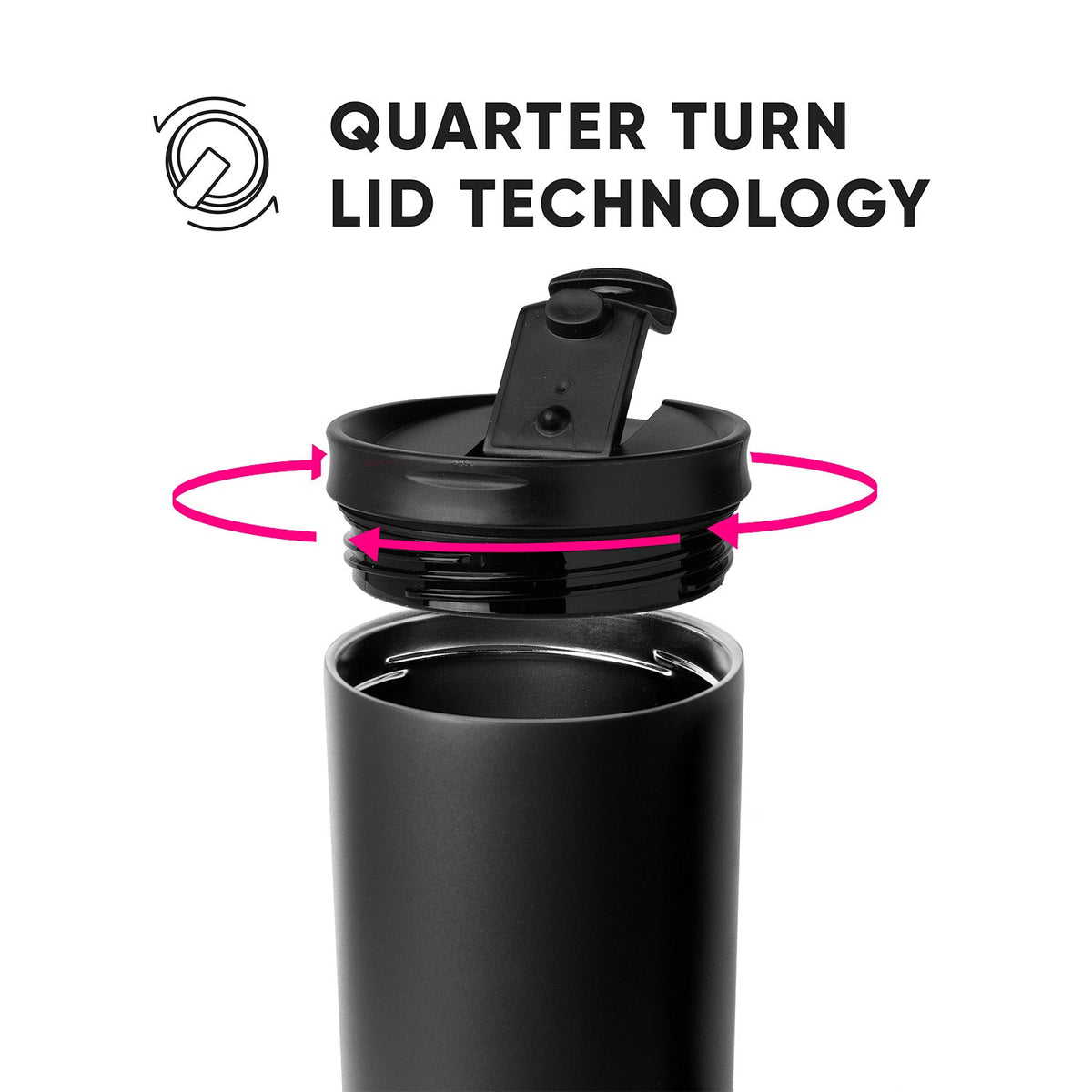Black quarter-turn lid with magenta pink directional arrows on white background, showing how to twist the lid onto a Trek-30 drinkware vessel.