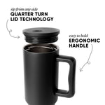 Black Trek Tumbler with detached lid showing Quarter Turn technology, ergonomic handle, and ability to sip from any side, displayed against white background.
