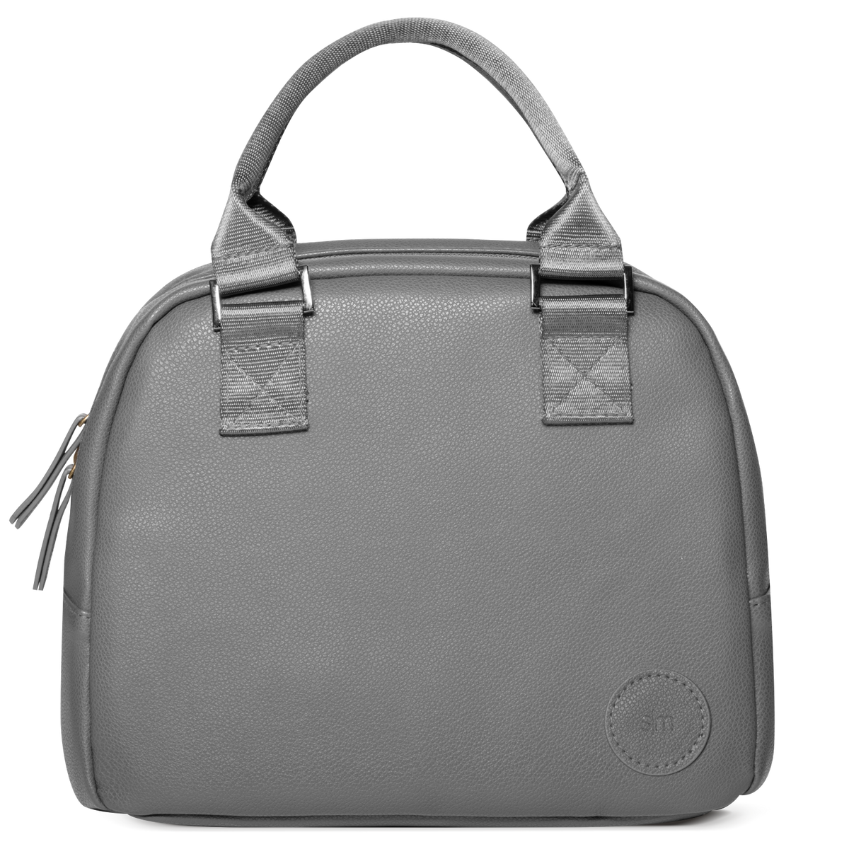 Gray canvas tote bag with silver metal hardware and light gray fabric handles and webbing straps