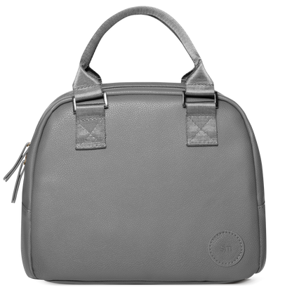 Gray canvas tote bag with silver metal hardware and light gray fabric handles and webbing straps