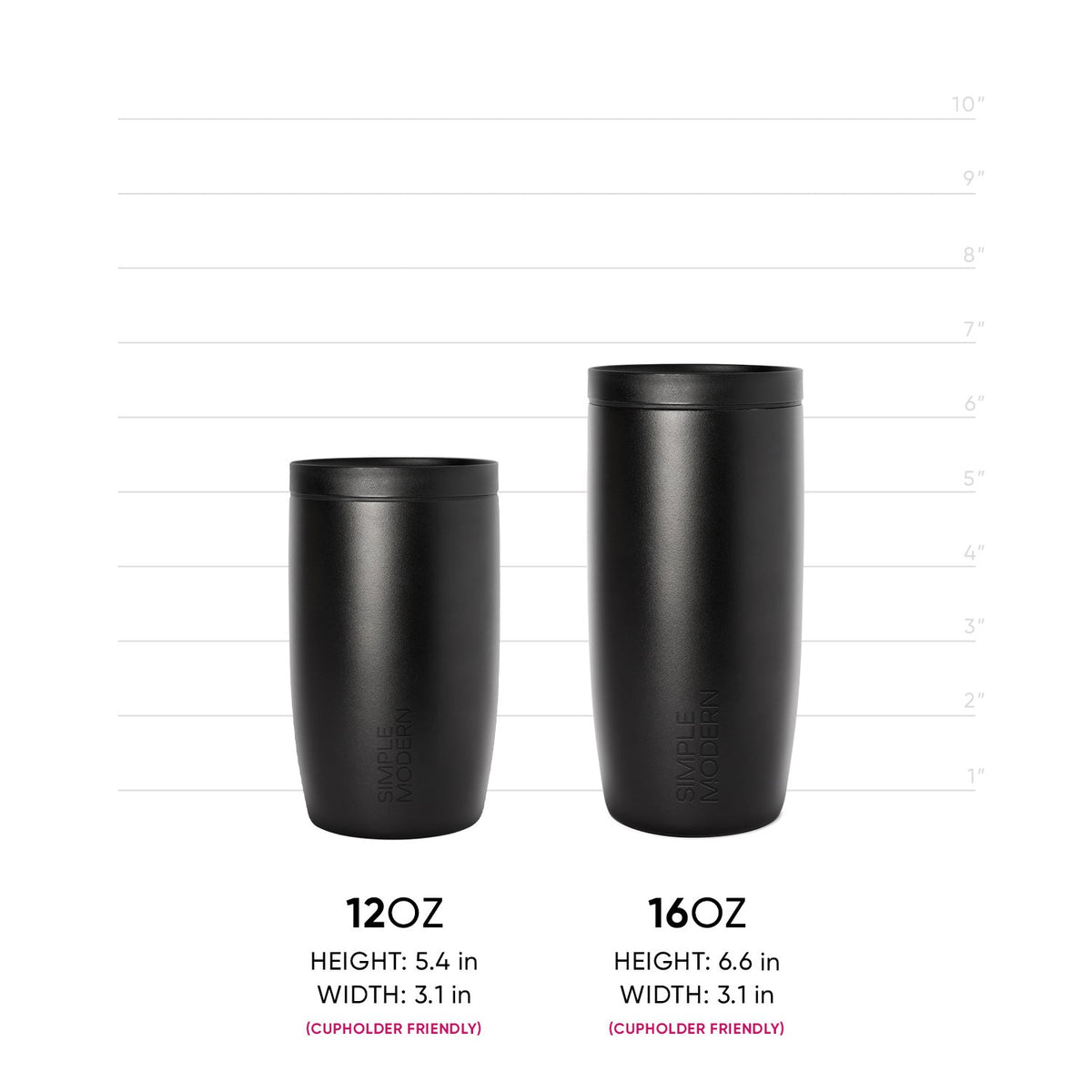Two matte black cylindrical containers with measurement markings displayed side by side for size comparison and reference.